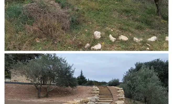 Chemin d'accès entre deux habitations et mur d'enrochement, Saint-Saturnin-lès-Apt, Poncet Travaux Verts