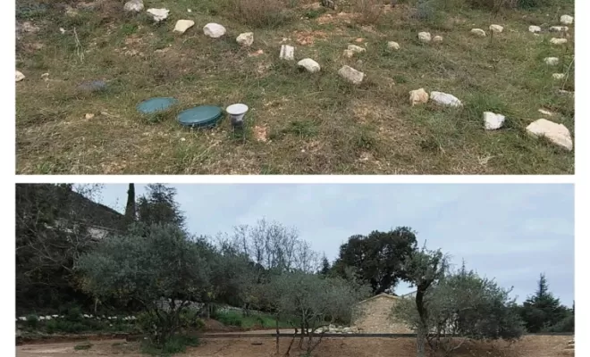 Chemin d'accès entre deux habitations et mur d'enrochement, Saint-Saturnin-lès-Apt, Poncet Travaux Verts